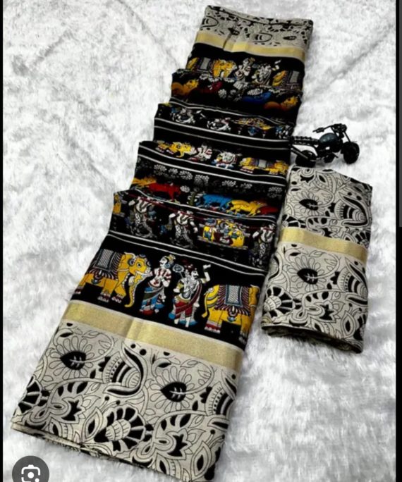 Grey Black Kalamkari Printed Pure Mulmul Cotton Saree