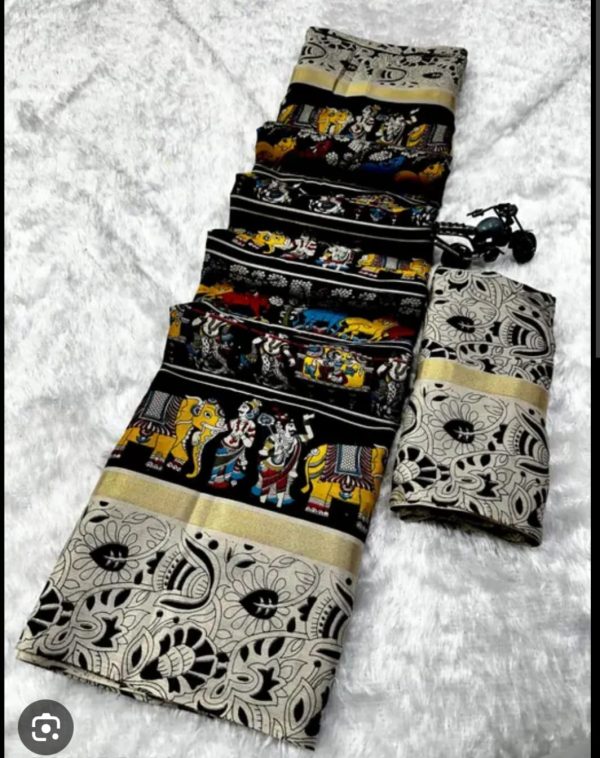 Grey Black Kalamkari Printed Pure Mulmul Cotton Saree - Image 2