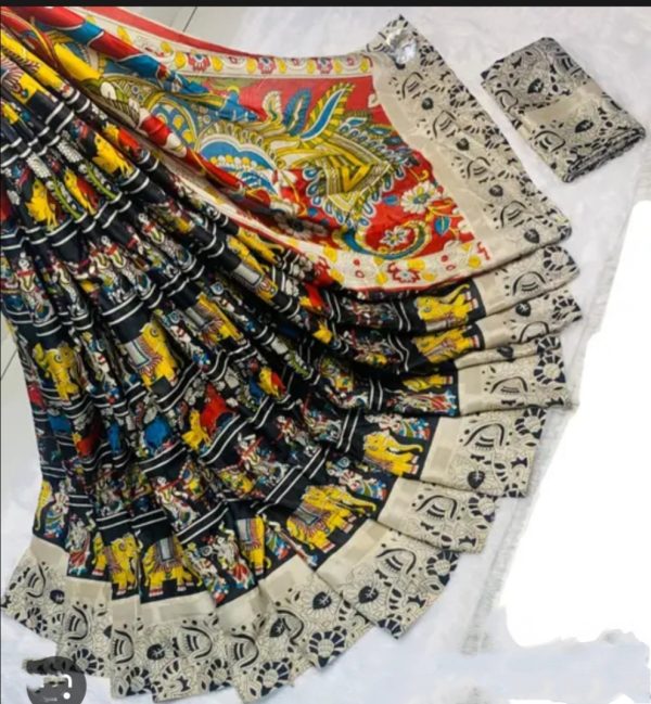 Grey Black Kalamkari Printed Pure Mulmul Cotton Saree - Image 4