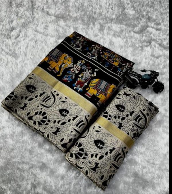 Grey Black Kalamkari Printed Pure Mulmul Cotton Saree - Image 3