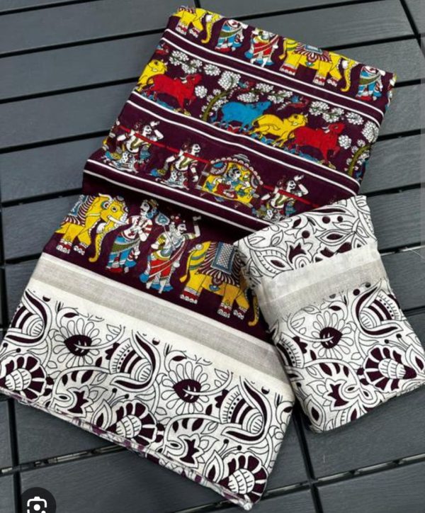 Kalamkari Printed Pure Mulmul Cotton Saree - Image 3